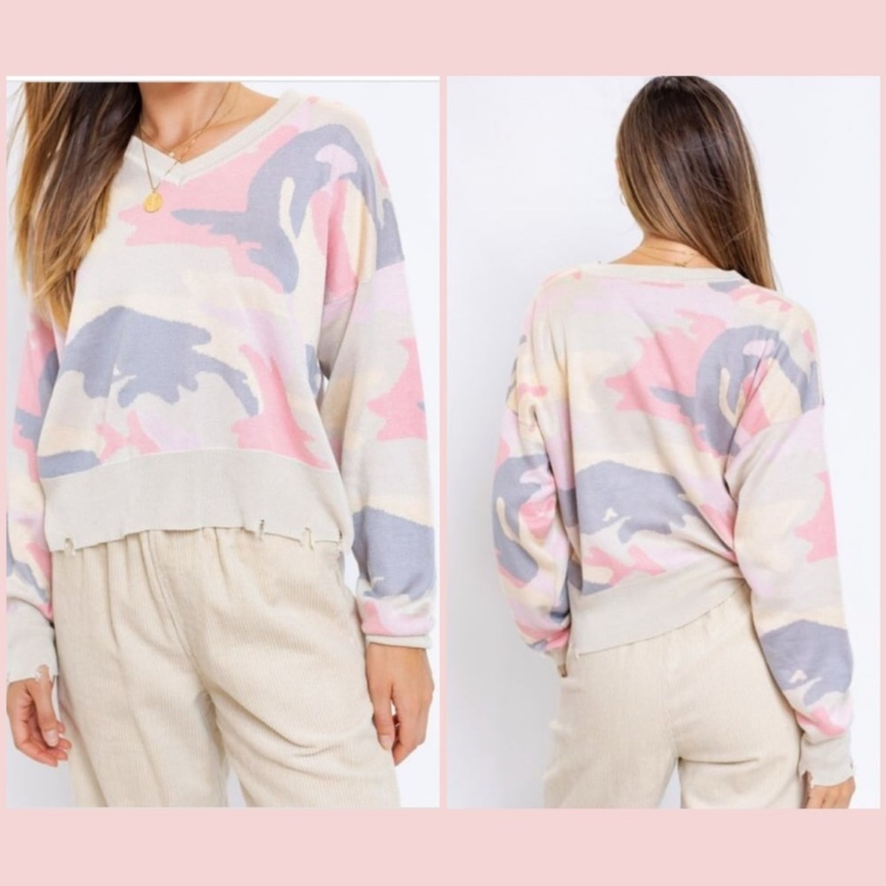 Camo Please Distressed Sweater, NWT, Boutique